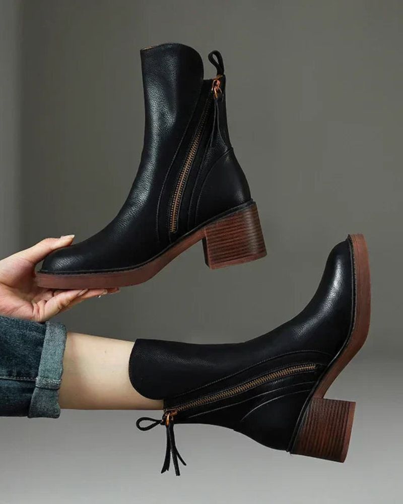 Valorine | Botte en cuir noire avec un talon confortable, élégante et intemporelle