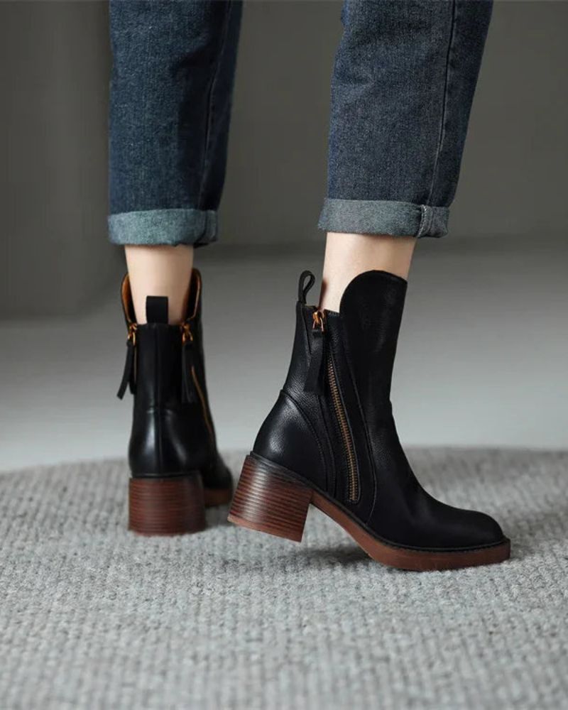 Valorine | Botte en cuir noire avec un talon confortable, élégante et intemporelle
