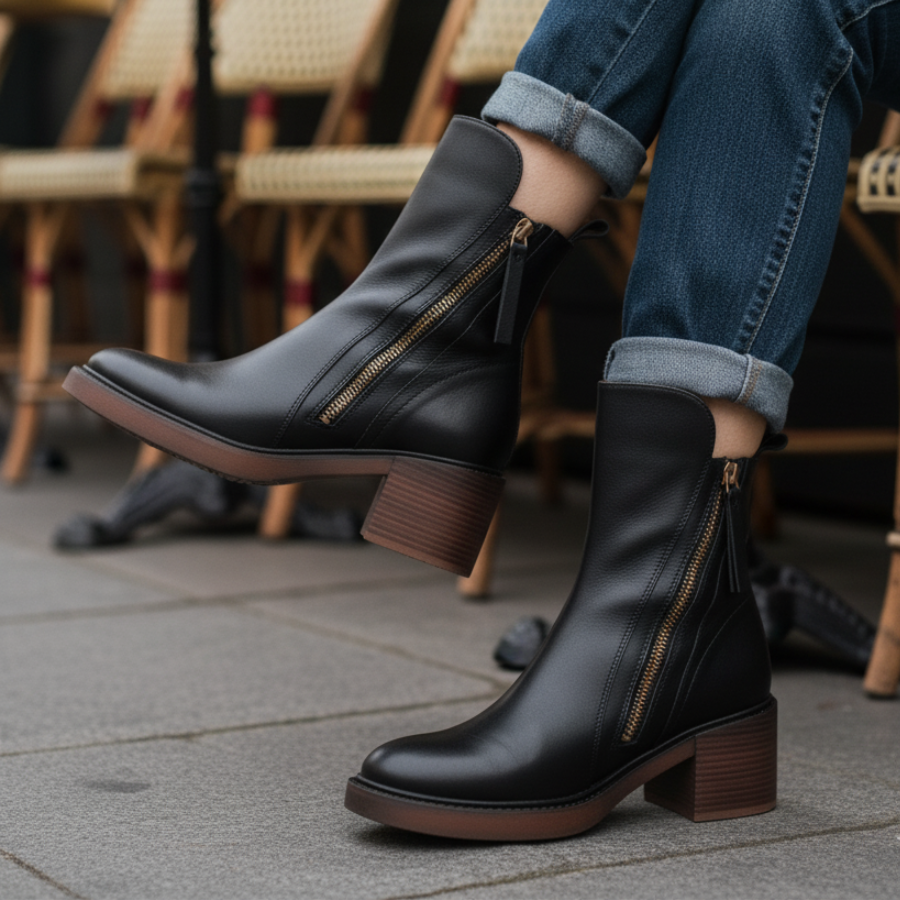 Valorine | Botte en cuir noire avec un talon confortable, élégante et intemporelle
