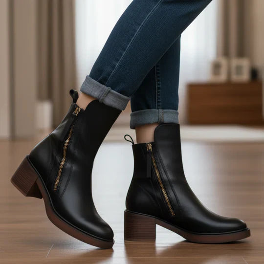 Maison Argent™ | Botte en cuir noire avec un talon confortable, élégante et intemporelle