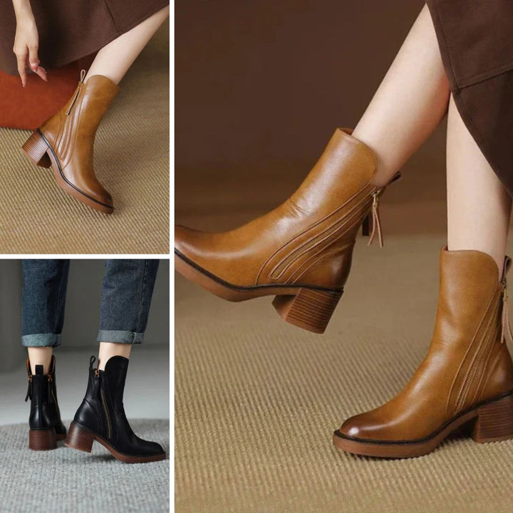 Maison Argent™ | Botte en cuir noire avec un talon confortable, élégante et intemporelle