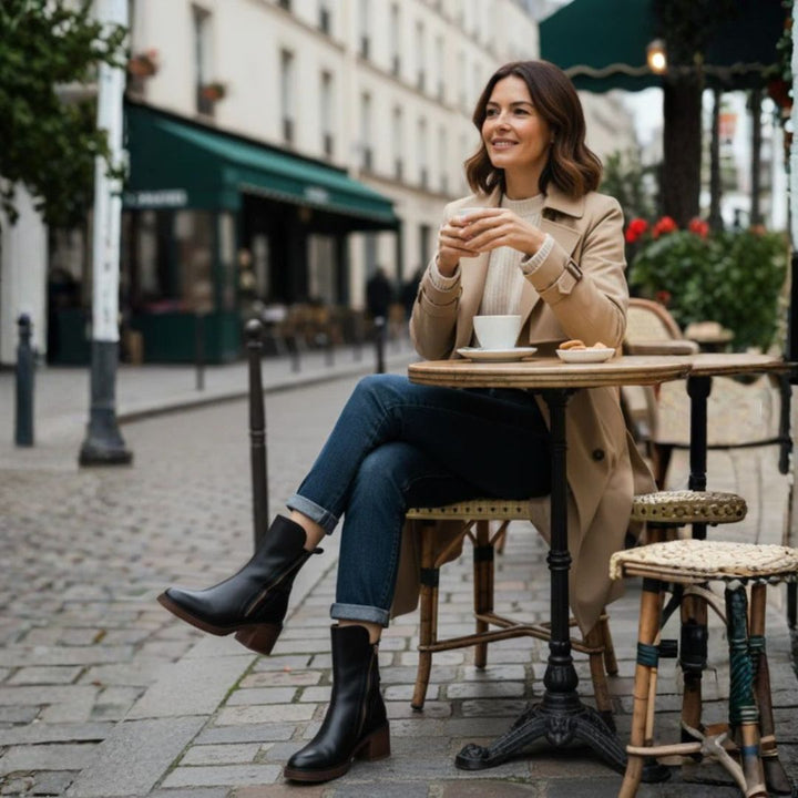 Maison Argent™ | Botte en cuir noire avec un talon confortable, élégante et intemporelle