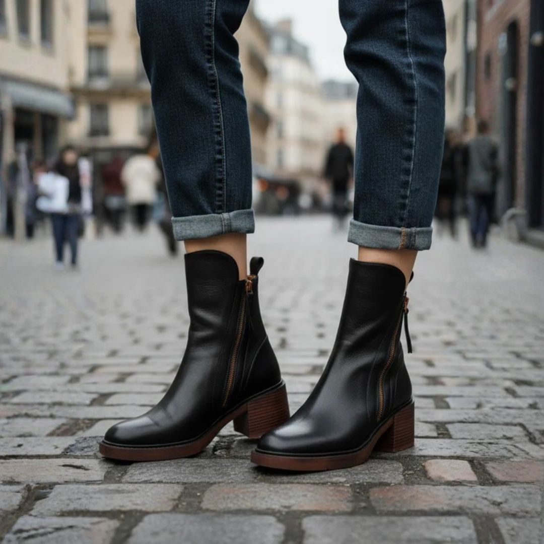 Maison Argent™ | Botte en cuir noire avec un talon confortable, élégante et intemporelle