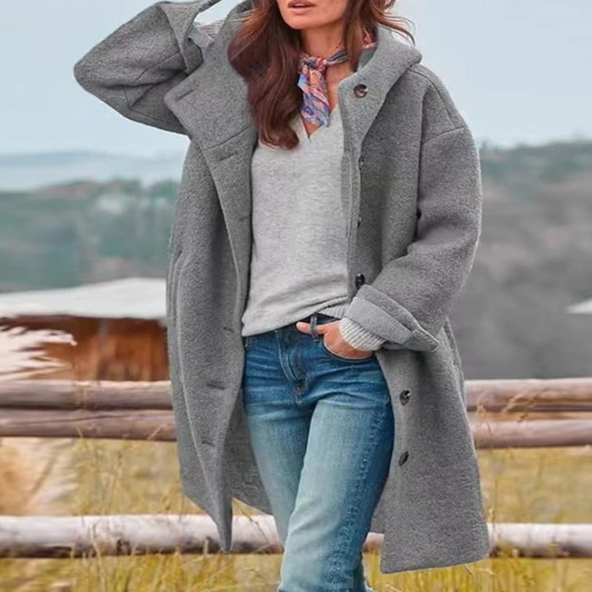 Ophélie | Manteau long à capuche femme avec boutonnage frontal