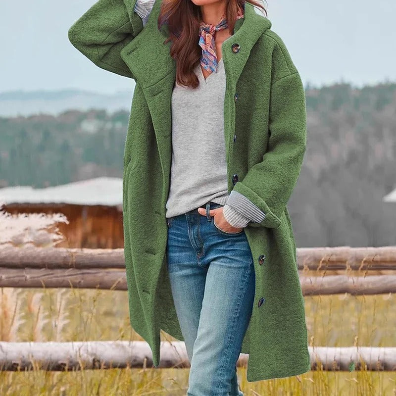 Ophélie | Manteau long à capuche femme avec boutonnage frontal