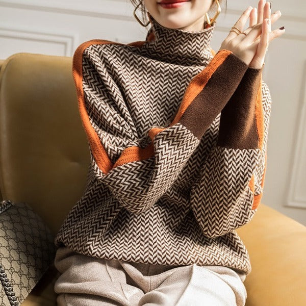 Maison Argent™ | Pull à col montant avec des rayures contrastées saisissantes