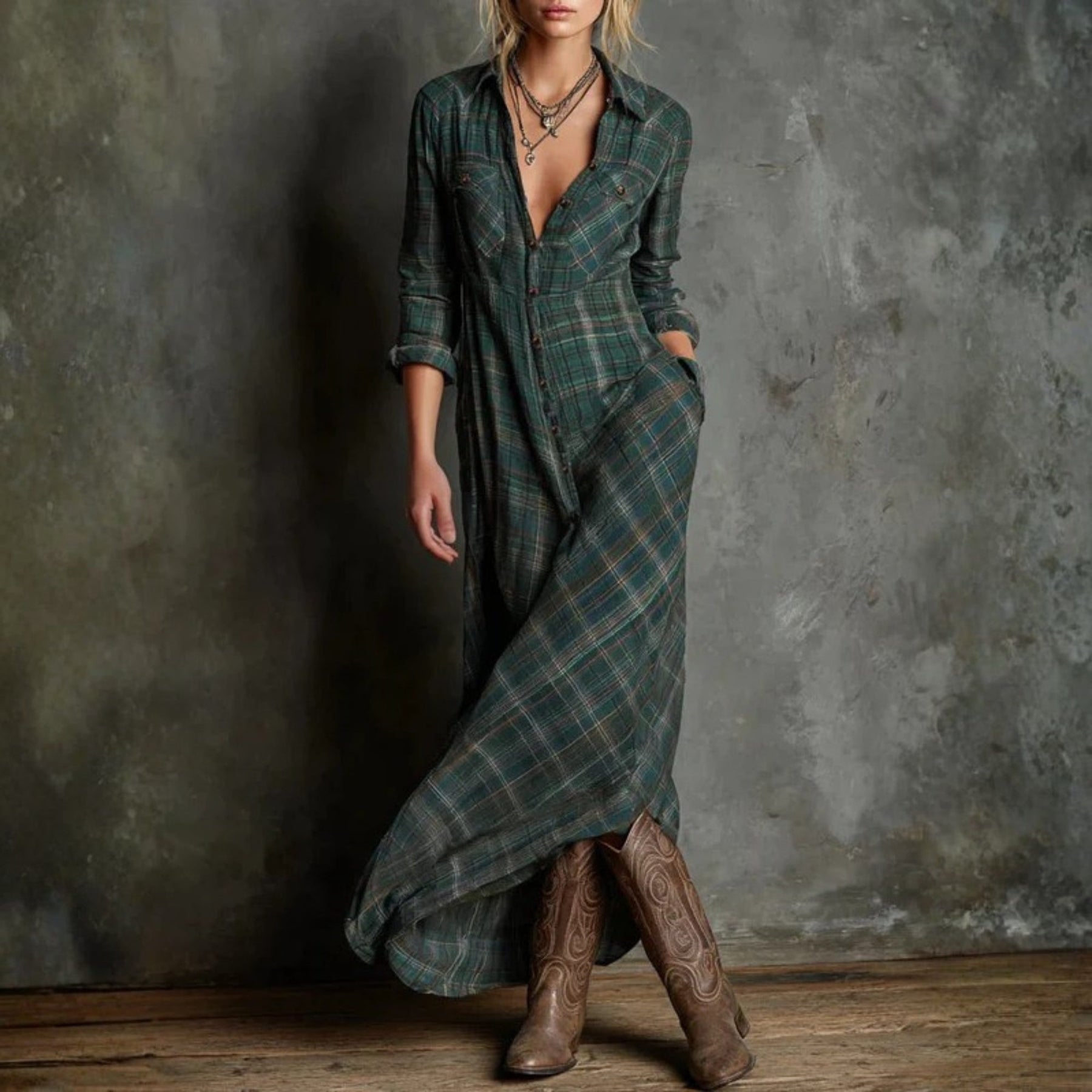 Maison Argent | Robe longue à carreaux verte